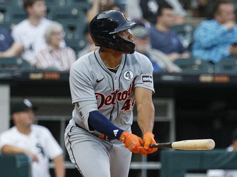 Jun 2, 2025; Chicago, Illinois, USA; Detroit Tigers right fielder Wenceel Pérez (46) hits a two-run home run against the Chicago White Sox during the second inning at Rate Field. Mandatory Credit: Kamil Krzaczynski-Imagn Images