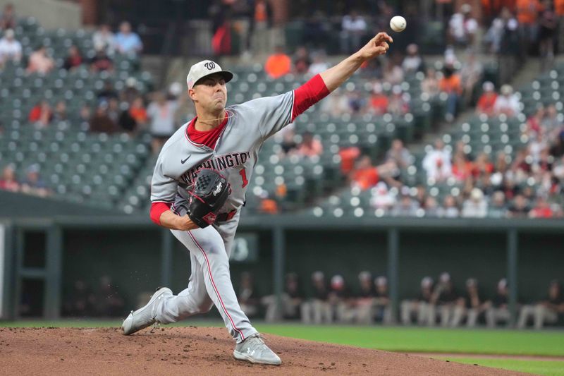 May 16, 2025; Baltimore, Maryland, USA; Washington Nationals pitcher MacKenzie Gore (1) delivers in the first inning against the Baltimore Orioles at Oriole Park at Camden Yards. Mandatory Credit: Mitch Stringer-Imagn Images