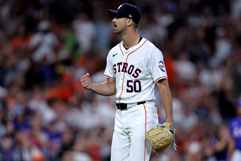 Jul 13, 2024; Houston, Texas, USA; Houston Astros relief pitcher Tayler Scott (50) reacts after retiring the side against the Texas Rangers during the ninth inning at Minute Maid Park. Mandatory Credit: Erik Williams-USA TODAY Sports