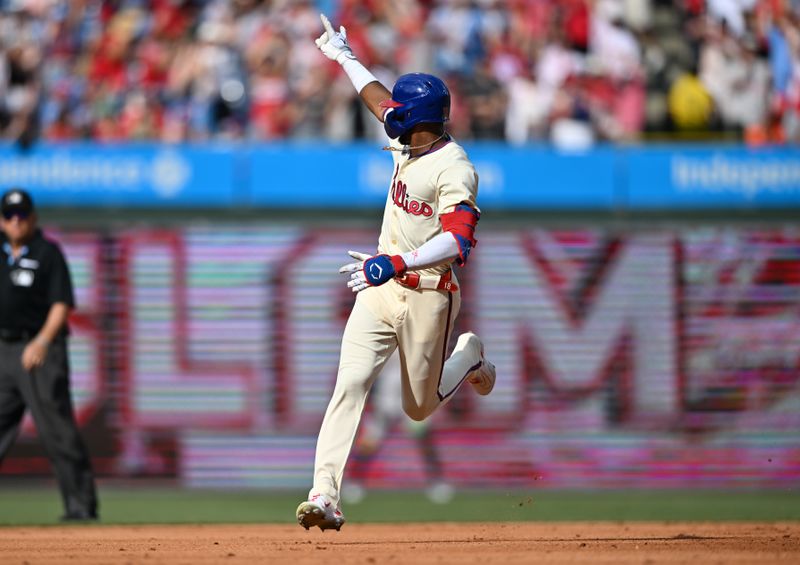 Jul 13, 2024; Philadelphia, Pennsylvania, USA; Philadelphia Phillies outfielder Johan Rojas (18) reacts after hitting a home run against the Oakland Athletics in the fourth inning at Citizens Bank Park. Mandatory Credit: Kyle Ross-USA TODAY Sports