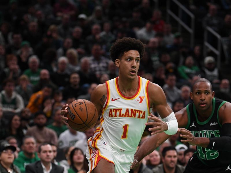 BOSTON, MASSACHUSETTS - NOVEMBER 12: Jalen Johnson #1 of the Atlanta Hawks drives against the Boston Celtics during during the first half of an Emirates NBA cup game at TD Garden on November 12, 2024 in Boston, Massachusetts. NOTE TO USER: User expressly acknowledges and agrees that, by downloading and or using this photograph, User is consenting to the terms and conditions of the Getty Images License Agreement. (Photo by China Wong/Getty Images)