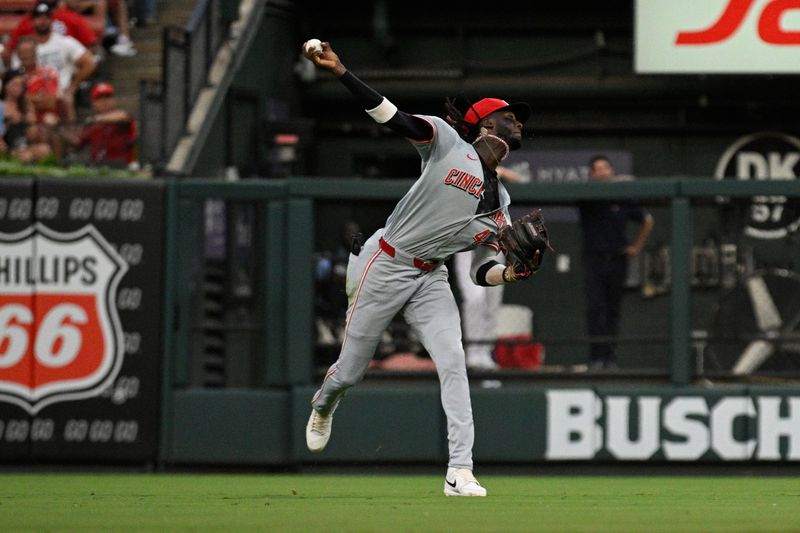 Jun 28, 2024; St. Louis, Missouri, USA; Cincinnati Reds shortstop Elly De La Cruz (44) throws home against the St. Louis Cardinals during the third inning at Busch Stadium. Mandatory Credit: Jeff Le-USA TODAY Sports