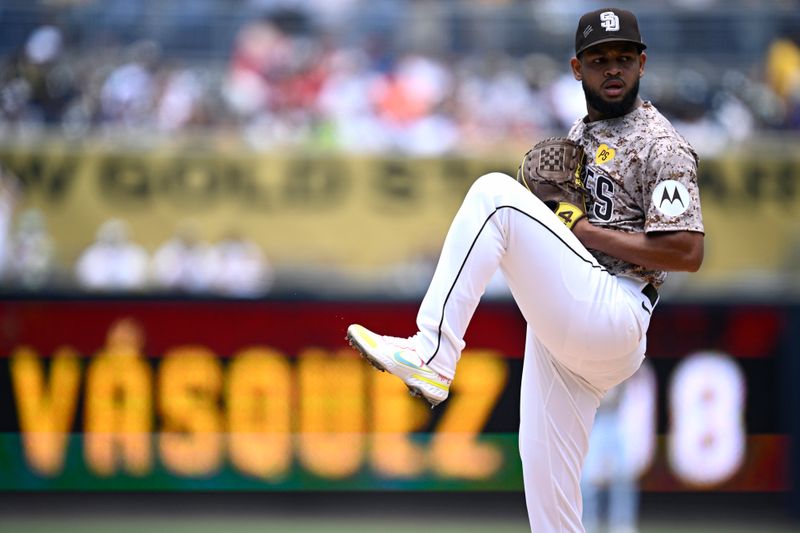 Jul 14, 2024; San Diego, California, USA; San Diego Padres starting pitcher Randy Vasquez (98) warms up before the game against the Atlanta Braves at Petco Park. Mandatory Credit: Orlando Ramirez-USA TODAY Sports