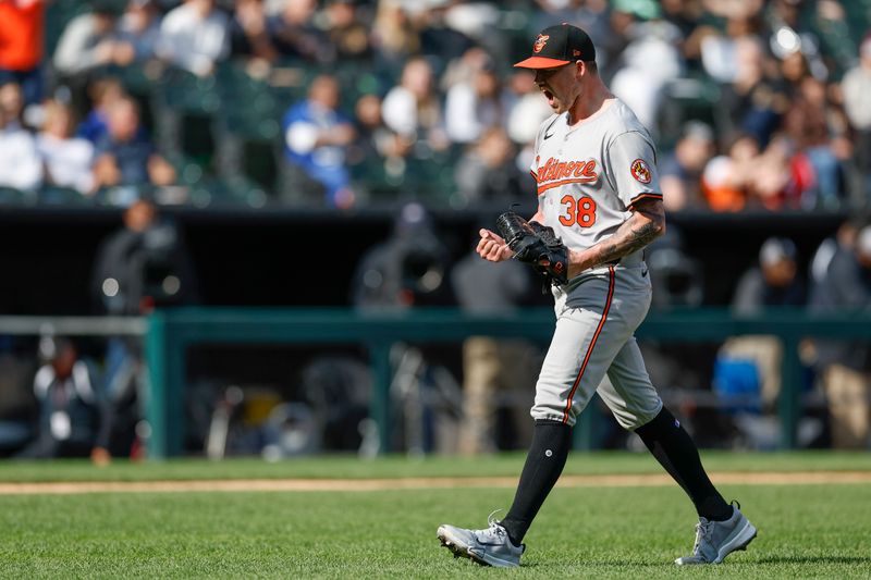 May 26, 2024; Chicago, Illinois, USA; Baltimore Orioles starting pitcher Kyle Bradish (38) reacts after striking out Chicago White Sox third baseman Bryan Ramos during the seventh inning at Guaranteed Rate Field. Mandatory Credit: Kamil Krzaczynski-USA TODAY Sports