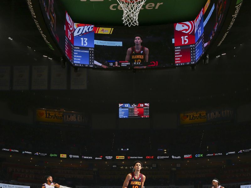 OKLAHOMA CITY, OK - OCTOBER 27: Zaccharie Risacher #10 of the Atlanta Hawks shoots a free throw during the game on October 27, 2024 at Paycom Center in Oklahoma City, Oklahoma. NOTE TO USER: User expressly acknowledges and agrees that, by downloading and or using this photograph, User is consenting to the terms and conditions of the Getty Images License Agreement. Mandatory Copyright Notice: Copyright 2024 NBAE (Photo by Zach Beeker/NBAE via Getty Images)