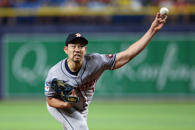Aug 13, 2024; St. Petersburg, Florida, USA; Houston Astros pitcher Yusei Kikuchi (16) throws a pitch against the Tampa Bay Rays in the third inning at Tropicana Field. Mandatory Credit: Nathan Ray Seebeck-USA TODAY Sports