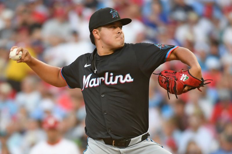 Aug 13, 2024; Philadelphia, Pennsylvania, USA; Miami Marlins pitcher Valente Bellozo (83) throws a pitch during the first inning against the Philadelphia Phillies at Citizens Bank Park. Mandatory Credit: Eric Hartline-USA TODAY Sports