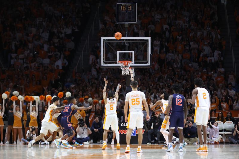 Feb 4, 2023; Knoxville, Tennessee, USA; Tennessee Volunteers guard Zakai Zeigler (5) shoots free throw against the Auburn Tigers during the second half at Thompson-Boling Arena. Mandatory Credit: Randy Sartin-USA TODAY Sports