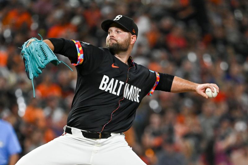 Sep 20, 2024; Baltimore, Maryland, USA;  Baltimore Orioles pitcher Danny Coulombe (54) throws a eighth inning pitch against the Detroit Tigers at Oriole Park at Camden Yards. Mandatory Credit: Tommy Gilligan-Imagn Images