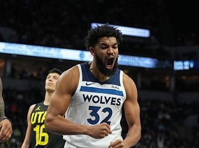 MINNEAPOLIS, MN -  NOVEMBER 30 :  Karl-Anthony Towns #32 of the Minnesota Timberwolves celebrates during the game against the Utah Jazz on November 30, 2023 at Target Center in Minneapolis, Minnesota. NOTE TO USER: User expressly acknowledges and agrees that, by downloading and or using this Photograph, user is consenting to the terms and conditions of the Getty Images License Agreement. Mandatory Copyright Notice: Copyright 2023 NBAE (Photo by Jordan Johnson/NBAE via Getty Images)