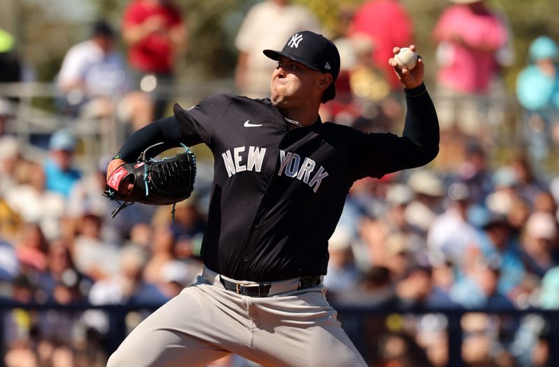 Feb 27, 2024; Port Charlotte, Florida, USA;  New York Yankees pitcher Nike Ramirez (63) throws a pitch during the fifth inning against the New York Yankees at Charlotte Sports Park. Mandatory Credit: Kim Klement Neitzel-USA TODAY Sports