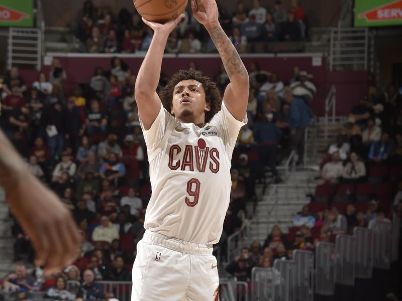 CLEVELAND, OH - APRIL 13:  Craig Porter Jr. #9 of the Cleveland Cavaliers shoots the ball during the game against the Indiana Pacers on April 13, 2025 at Rocket Arena in Cleveland, Ohio. NOTE TO USER: User expressly acknowledges and agrees that, by downloading and/or using this Photograph, user is consenting to the terms and conditions of the Getty Images License Agreement. Mandatory Copyright Notice: Copyright 2025 NBAE (Photo by David Liam Kyle/NBAE via Getty Images)