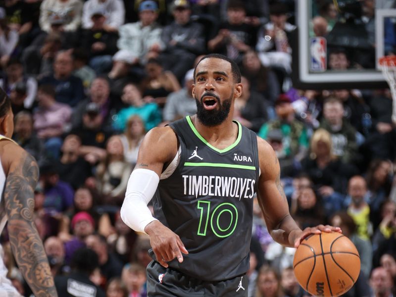 SALT LAKE CITY, UT - MARCH 16: Mike Conley #10 of the Minnesota Timberwolves dribbles the ball during the game against the Utah Jazz on March 16, 2024 at Delta Center in Salt Lake City, Utah. NOTE TO USER: User expressly acknowledges and agrees that, by downloading and or using this Photograph, User is consenting to the terms and conditions of the Getty Images License Agreement. Mandatory Copyright Notice: Copyright 2024 NBAE (Photo by Melissa Majchrzak/NBAE via Getty Images)