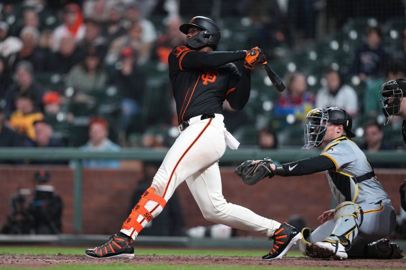 Apr 27, 2024; San Francisco, California, USA; San Francisco Giants designated hitter Jorge Soler (2) hits a home run against the Pittsburgh Pirates during the tenth inning at Oracle Park. Mandatory Credit: Darren Yamashita-USA TODAY Sports