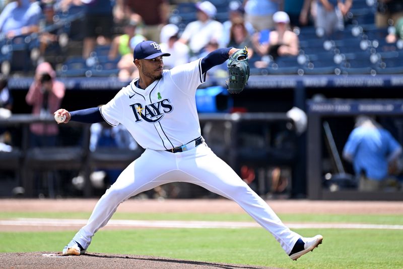 May 21, 2025; St. Petersburg, Florida, USA; Tampa Bay Rays starting pitcher Taj Bradley (45) throws a pitch in the first inning against the Houston Astros at George M. Steinbrenner Field. Mandatory Credit: Jonathan Dyer-Imagn Images