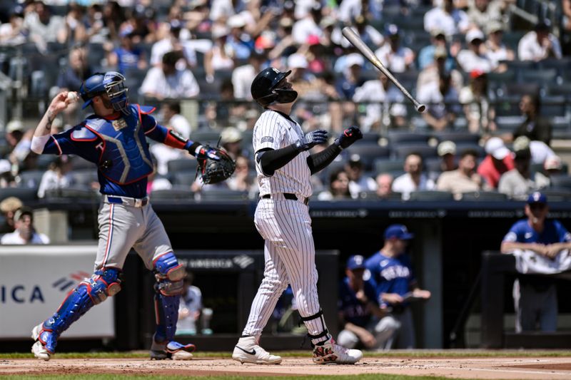 Aug 10, 2024; Bronx, New York, USA; New York Yankees outfielder Alex Verdugo (24) reacts after striking out against the Texas Rangers during the first inning at Yankee Stadium. Mandatory Credit: John Jones-USA TODAY Sports