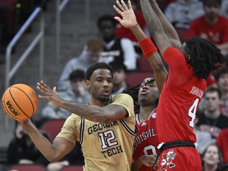 Feb 10, 2024; Louisville, Kentucky, USA; Georgia Tech Yellow Jackets forward Tyzhaun Claude (12) looks to pass around the double team of Louisville Cardinals guard Mike James (0) and guard Ty-Laur Johnson (4) during the second half at KFC Yum! Center. Louisville defeated Georgia Tech 79-67. Mandatory Credit: Jamie Rhodes-USA TODAY Sports