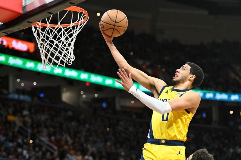 CLEVELAND, OHIO - APRIL 12: Tyrese Haliburton #0 of the Indiana Pacers shoots during the second half against the Cleveland Cavaliers at Rocket Mortgage Fieldhouse on April 12, 2024 in Cleveland, Ohio. NOTE TO USER: User expressly acknowledges and agrees that, by downloading and or using this photograph, User is consenting to the terms and conditions of the Getty Images License Agreement. (Photo by Nick Cammett/Getty Images)