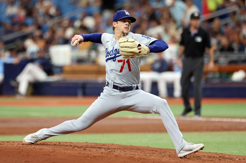 May 28, 2023; St. Petersburg, Florida, USA; Los Angeles Dodgers starting pitcher Gavin Stone (71) throws a pitch against the Tampa Bay Rays during the second inning at Tropicana Field. Mandatory Credit: Kim Klement-USA TODAY Sports