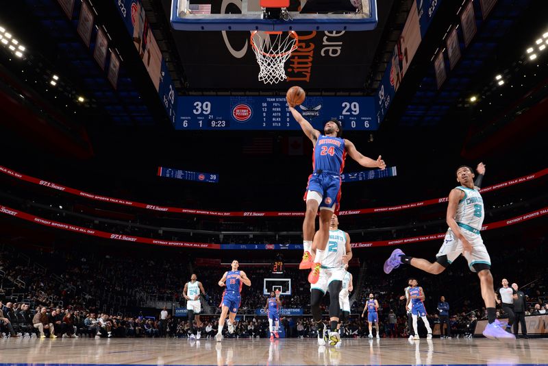 DETROIT, MI - MARCH 11:  Quentin Grimes #24 of the Detroit Pistons drives to the basket during the game against the Charlotte Hornets on March 11, 2024 at Little Caesars Arena in Detroit, Michigan. NOTE TO USER: User expressly acknowledges and agrees that, by downloading and/or using this photograph, User is consenting to the terms and conditions of the Getty Images License Agreement. Mandatory Copyright Notice: Copyright 2024 NBAE (Photo by Chris Schwegler/NBAE via Getty Images)