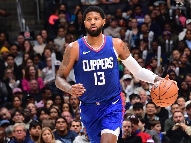 LOS ANGELES, CA - MARCH 25: Paul George #13 of the LA Clippers dribbles the ball during the game against the Indiana Pacers on March 25, 2024 at Crypto.Com Arena in Los Angeles, California. NOTE TO USER: User expressly acknowledges and agrees that, by downloading and/or using this Photograph, user is consenting to the terms and conditions of the Getty Images License Agreement. Mandatory Copyright Notice: Copyright 2024 NBAE (Photo by Adam Pantozzi/NBAE via Getty Images)