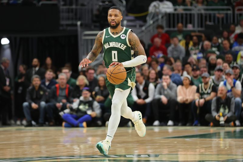 MILWAUKEE, WISCONSIN - JANUARY 24: Damian Lillard #0 of the Milwaukee Bucks handles the ball during a game against the Cleveland Cavaliers at Fiserv Forum on January 24, 2024 in Milwaukee, Wisconsin. NOTE TO USER: User expressly acknowledges and agrees that, by downloading and or using this photograph, User is consenting to the terms and conditions of the Getty Images License Agreement. (Photo by Stacy Revere/Getty Images)