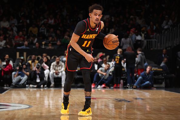 WASHINGTON, DC -? DECEMBER 31: Trae Young #11 of the Atlanta Hawks dribbles the ball during the game against the Washington Wizards on December 31, 2023 at Capital One Arena in Washington, DC. NOTE TO USER: User expressly acknowledges and agrees that, by downloading and or using this Photograph, user is consenting to the terms and conditions of the Getty Images License Agreement. Mandatory Copyright Notice: Copyright 2023 NBAE (Photo by Stephen Gosling/NBAE via Getty Images)