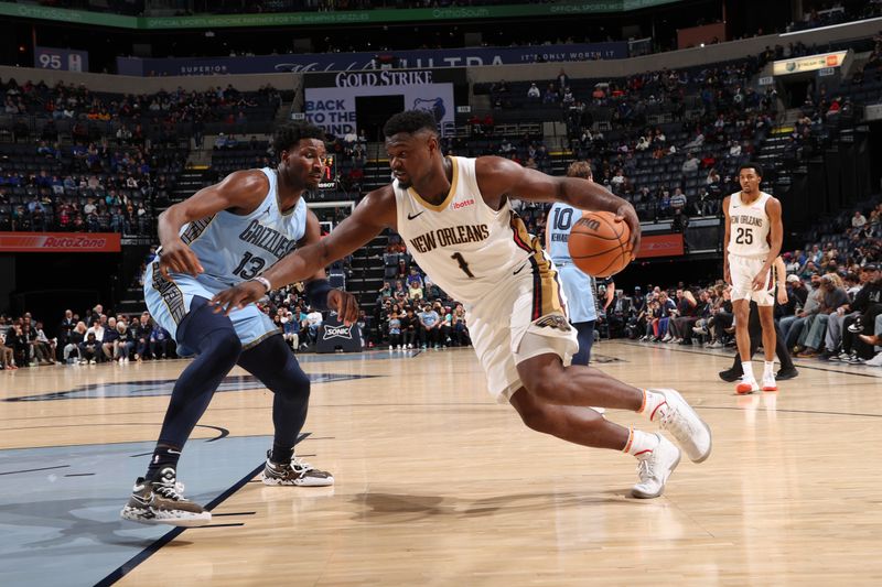 MEMPHIS, TN - FEBRUARY 12: Zion Williamson #1 of the New Orleans Pelicans drives to the basket during the game against the Memphis Grizzlies on February 12, 2024 at FedExForum in Memphis, Tennessee. NOTE TO USER: User expressly acknowledges and agrees that, by downloading and or using this photograph, User is consenting to the terms and conditions of the Getty Images License Agreement. Mandatory Copyright Notice: Copyright 2024 NBAE (Photo by Joe Murphy/NBAE via Getty Images)