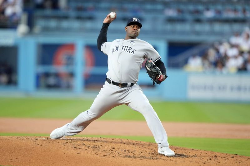 Jun 2, 2023; Los Angeles, California, USA; New York Yankees starting pitcher Luis Severino (40) throws in the second inning against the Los Angeles Dodgers at Dodger Stadium. Mandatory Credit: Kirby Lee-USA TODAY Sports