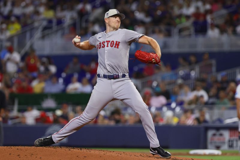 Jul 4, 2024; Miami, Florida, USA; Boston Red Sox starting pitcher Nick Pivetta (37) delivers a pitch against the Miami Marlins during the first inning at loanDepot Park. Mandatory Credit: Sam Navarro-USA TODAY Sports