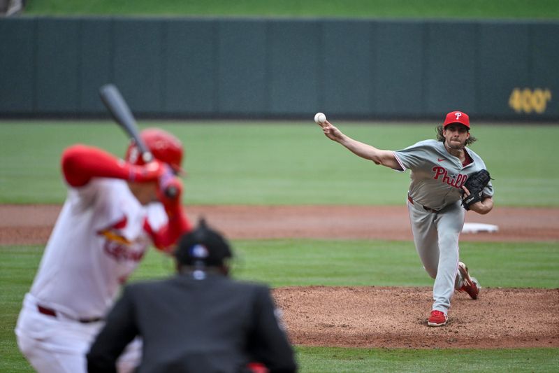 Apr 10, 2024; St. Louis, Missouri, USA;  Philadelphia Phillies starting pitcher Aaron Nola (27) pitches against St. Louis Cardinals designated hitter Willson Contreras (40) during the third inning at Busch Stadium. Mandatory Credit: Jeff Curry-USA TODAY Sports