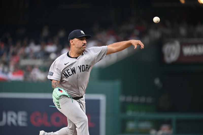 Aug 26, 2024; Washington, District of Columbia, USA; New York Yankees starting pitcher Nestor Cortes (65) throws a pitch against the Washington Nationals during the second inning at Nationals Park. Mandatory Credit: Rafael Suanes-USA TODAY Sports