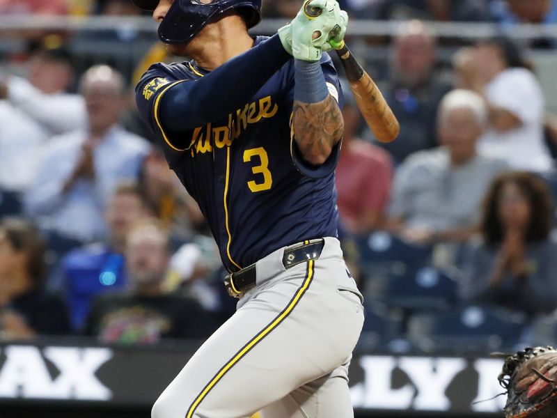 Sep 24, 2024; Pittsburgh, Pennsylvania, USA; Milwaukee Brewers third baseman Joey Ortiz (3) hits two run single against the Pittsburgh Pirates during the second inning at PNC Park. Mandatory Credit: Charles LeClaire-Imagn Images
