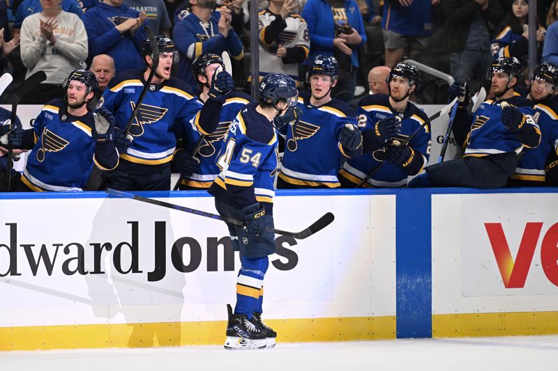 Mar 26, 2026; St. Louis, Missouri, USA; St. Louis Blues right wing Dalibor Dvorsky (54) is congratulated after scoring against the San Jose Sharks in the second period at Enterprise Center. Mandatory Credit: Joe Puetz-Imagn Images