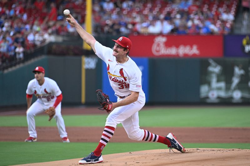 Jul 27, 2023; St. Louis, Missouri, USA; St. Louis Cardinals starting pitcher Miles Mikolas (39) pitches against the Chicago Cubs in the first inning at Busch Stadium. Mandatory Credit: Joe Puetz-USA TODAY Sports