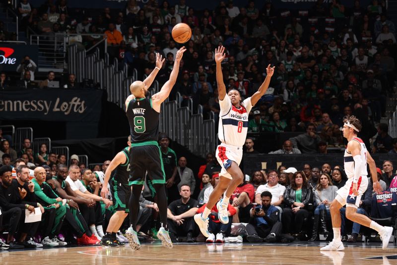 WASHINGTON, DC -? OCTOBER 24: Derrick White #9 of the Boston Celtics shoots a three point basket during the game  against the Washington Wizards on October 24, 2024 at Capital One Arena in Washington, DC. NOTE TO USER: User expressly acknowledges and agrees that, by downloading and or using this Photograph, user is consenting to the terms and conditions of the Getty Images License Agreement. Mandatory Copyright Notice: Copyright 2024 NBAE (Photo by Stephen Gosling/NBAE via Getty Images)