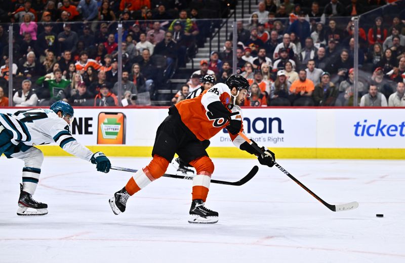 Mar 12, 2024; Philadelphia, Pennsylvania, USA; Philadelphia Flyers left wing Joel Farabee (86) scores a breakaway goal against San Jose Sharks defenseman Marc-Edouard Vlasic (44) in the first period at Wells Fargo Center. Mandatory Credit: Kyle Ross-USA TODAY Sports