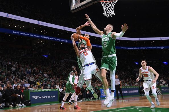 BOSTON, MA - DECEMBER 8: Jalen Brunson #11 of the New York Knicks goes to the basket during the game on December 8, 2023 at the TD Garden in Boston, Massachusetts. NOTE TO USER: User expressly acknowledges and agrees that, by downloading and or using this photograph, User is consenting to the terms and conditions of the Getty Images License Agreement. Mandatory Copyright Notice: Copyright 2023 NBAE  (Photo by Brian Babineau/NBAE via Getty Images)