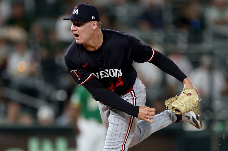 Jun 3, 2025; West Sacramento, California, USA; Minnesota Twins pitcher Cole Sands (44) throws a pitch against the Athletics during the sixth inning at Sutter Health Park. Mandatory Credit: Dennis Lee-Imagn Images