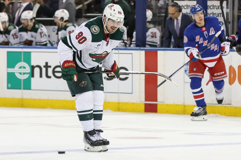 Apr 2, 2025; New York, New York, USA;  Minnesota Wild left wing Marcus Johansson (90) reacts after getting called for a penalty in the third period against the New York Rangers at Madison Square Garden. Mandatory Credit: Wendell Cruz-Imagn Images