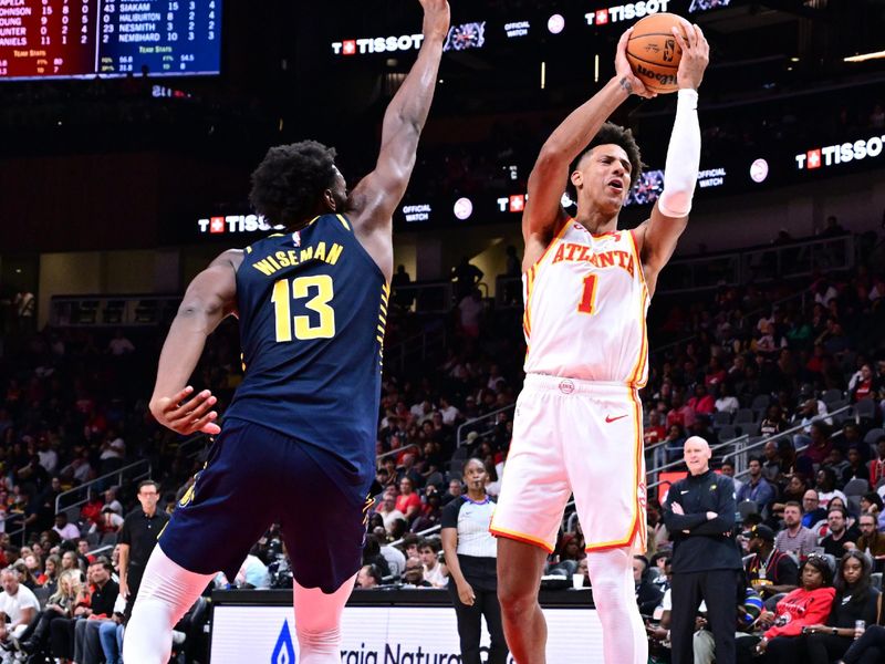 ATLANTA, GA - OCTOBER 8: Jalen Johnson #1 of the Atlanta Hawks drives to the basket during the game against the Indiana Pacers during a NBA preseason game on October 8, 2024 at State Farm Arena in Atlanta, Georgia.  NOTE TO USER: User expressly acknowledges and agrees that, by downloading and/or using this Photograph, user is consenting to the terms and conditions of the Getty Images License Agreement. Mandatory Copyright Notice: Copyright 2024 NBAE (Photo by Adam Hagy/NBAE via Getty Images)