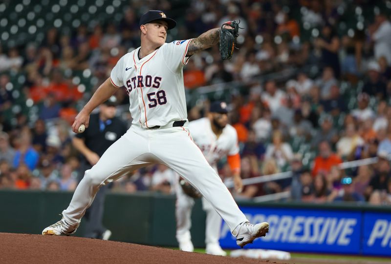 Aug 29, 2024; Houston, Texas, USA;  Houston Astros starting pitcher Hunter Brown (58) pitches against the Kansas City Royals in the first inning at Minute Maid Park. Mandatory Credit: Thomas Shea-USA TODAY Sports