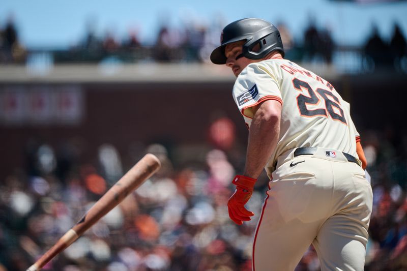 May 19, 2024; San Francisco, California, USA; San Francisco Giants infielder Matt Chapman (26) draws a walk against the Colorado Rockies during the fourth inning at Oracle Park. Mandatory Credit: Robert Edwards-USA TODAY Sports