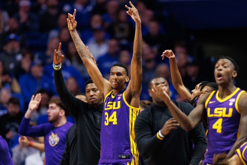 Jan 3, 2023; Lexington, Kentucky, USA; LSU Tigers forward Shawn Phillips (34) celebrates from the bench during the second half against the Kentucky Wildcats at Rupp Arena at Central Bank Center. Mandatory Credit: Jordan Prather-USA TODAY Sports