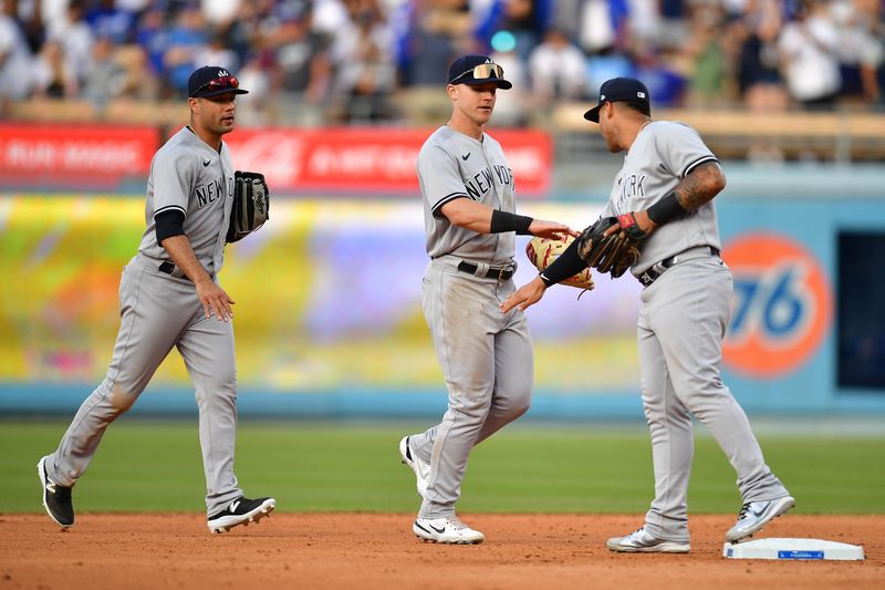 Jun 4, 2023; Los Angeles, California, USA; New York Yankees right fielder Jake Bauers (61) second baseman Gleyber Torres (25) and center fielder Isiah Kiner-Falefa (12) celebrate the victory against the Los Angeles Dodgers at Dodger Stadium. Mandatory Credit: Gary A. Vasquez-USA TODAY Sports