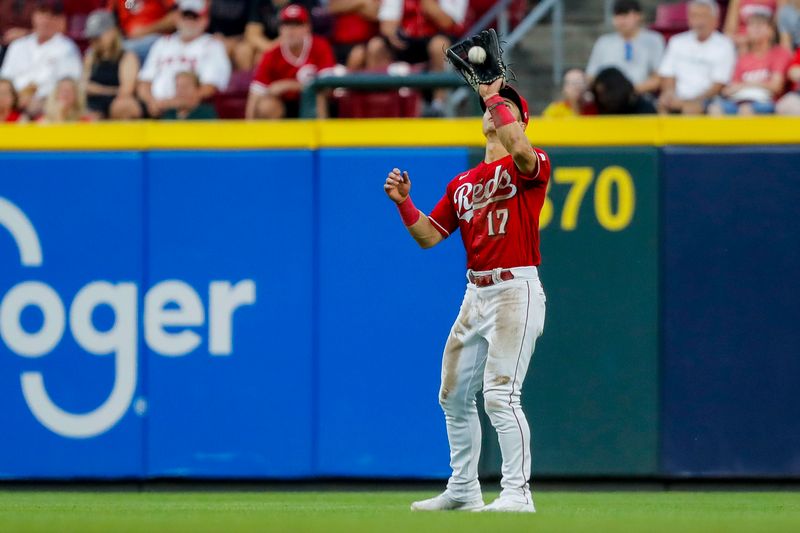 Aug 8, 2023; Cincinnati, Ohio, USA; Cincinnati Reds right fielder Stuart Fairchild (17) catches a pop up hit by Miami Marlins third baseman Jake Burger (not pictured) in the seventh inning at Great American Ball Park. Mandatory Credit: Katie Stratman-USA TODAY Sports