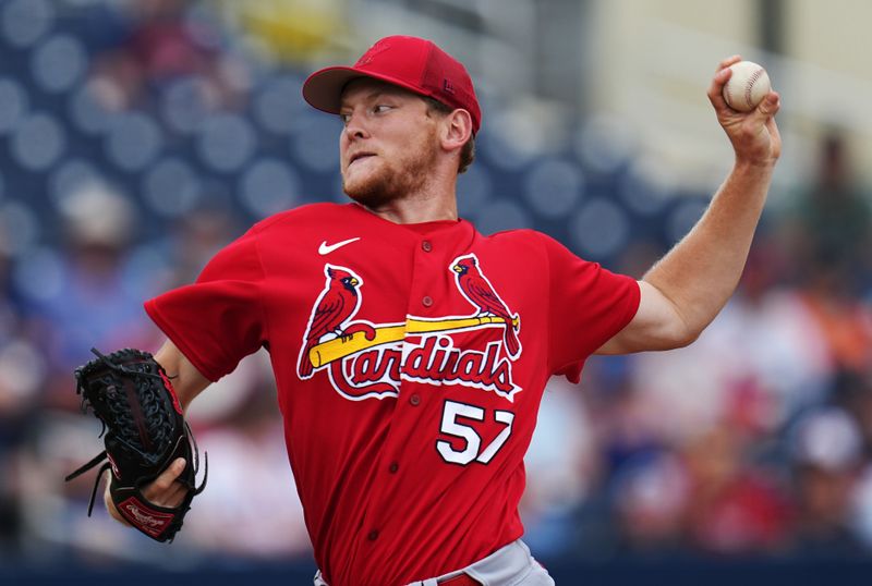 Mar 14, 2023; West Palm Beach, Florida, USA;  St. Louis Cardinals pitcher Zack Thompson (57) pitches against the Houston Astros in the first inning at The Ballpark of the Palm Beaches. Mandatory Credit: Jim Rassol-USA TODAY Sports