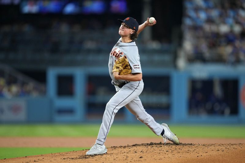 Sep 20, 2023; Los Angeles, California, USA; Detroit Tigers starting pitcher Reese Olson (45) throws in the first inning against the Los Angeles Dodgers at Dodger Stadium. Mandatory Credit: Kirby Lee-USA TODAY Sports