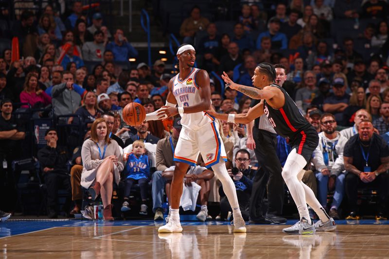 OKLAHOMA CITY, OK - NOVEMBER 20: Shai Gilgeous-Alexander #2 of the Oklahoma City Thunder looks to pass the ball during the game against the Portland Trail Blazers on November 20, 2024 at Paycom Center in Oklahoma City, Oklahoma. NOTE TO USER: User expressly acknowledges and agrees that, by downloading and or using this photograph, User is consenting to the terms and conditions of the Getty Images License Agreement. Mandatory Copyright Notice: Copyright 2024 NBAE (Photo by Zach Beeker/NBAE via Getty Images)