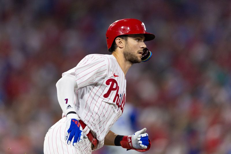 Aug 5, 2023; Philadelphia, Pennsylvania, USA; Philadelphia Phillies shortstop Trea Turner (7) runs the bases after hitting an RBI double during the eighth inning against the Kansas City Royals at Citizens Bank Park. Mandatory Credit: Bill Streicher-USA TODAY Sports